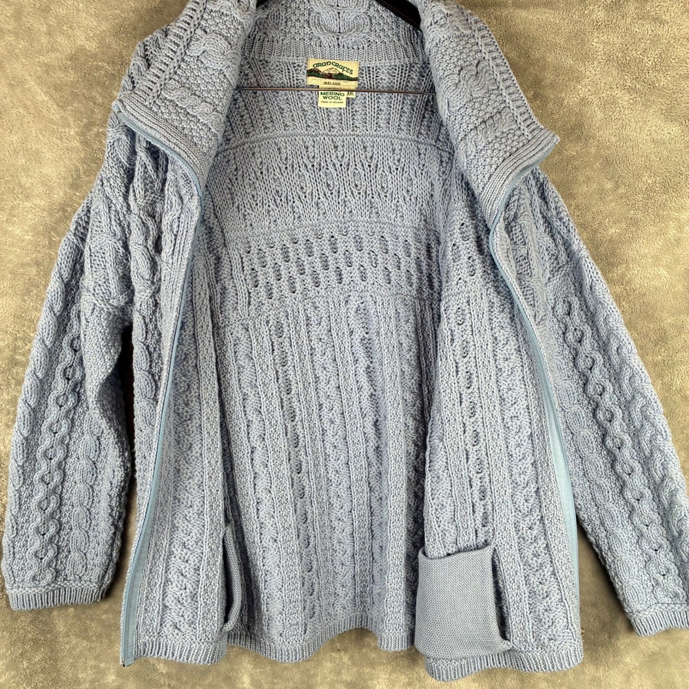 Aran Crafts Cardigan Double Collar‎ Zip Women XXL Light Blue 100% Merino Wool - Picture 5 of 13